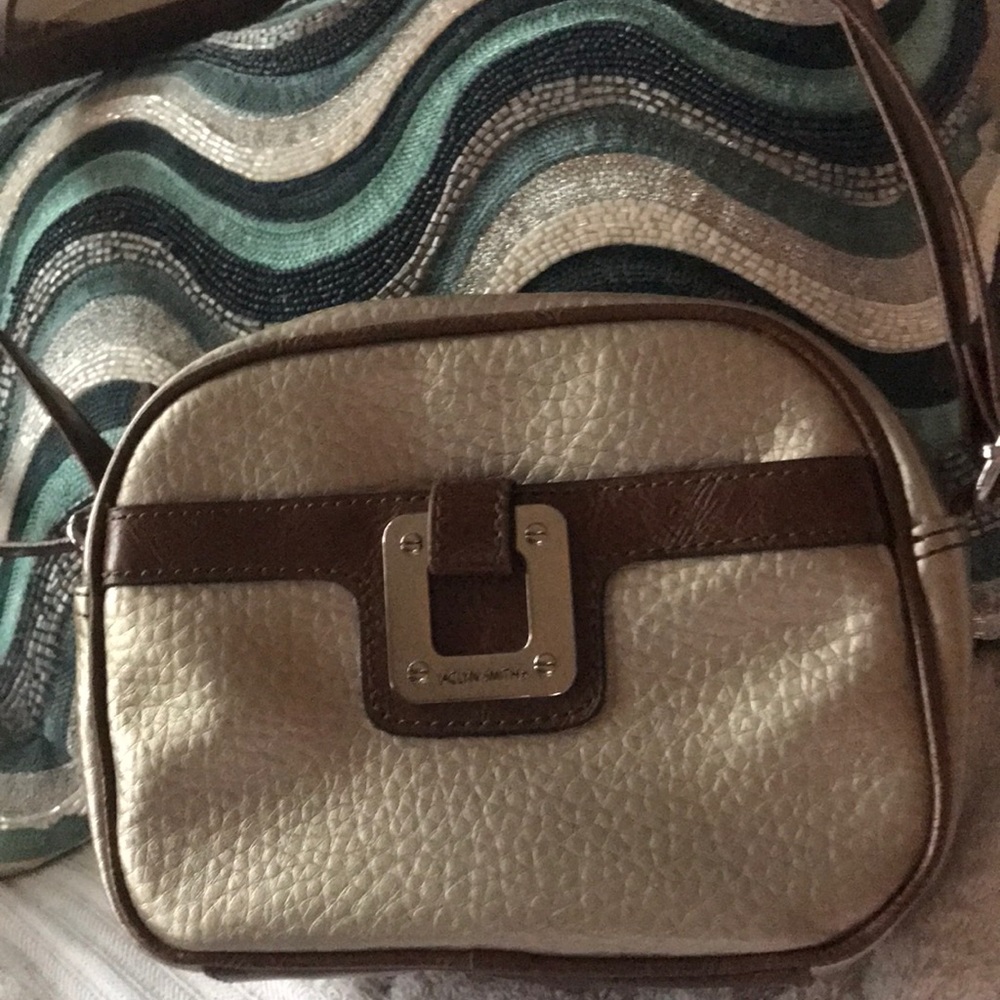 Small Pewter and Brown bag with side pockets.